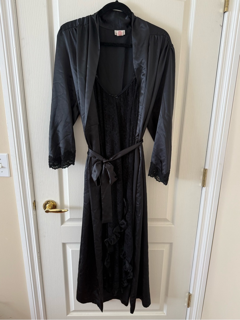 Linda | Vintage black lace trim corded lace robe with black ruffled slip dress